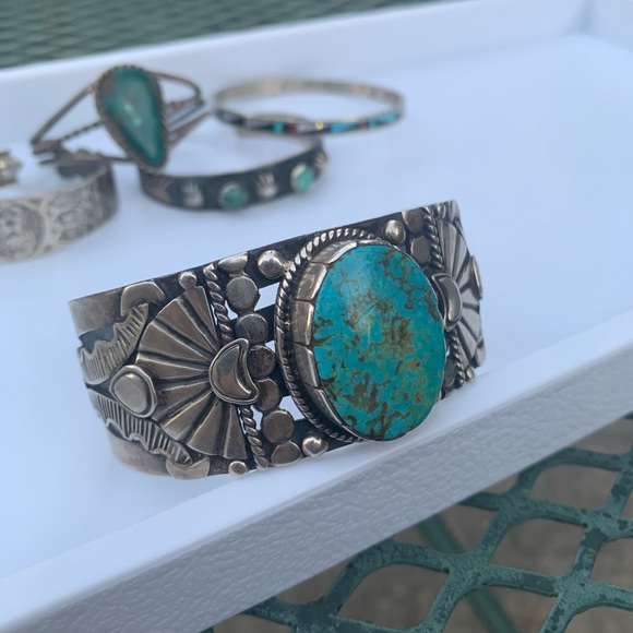 Sterling silver kingman turquoise bracelet stamped men’s jewelry southwest - Picture 2 of 8
